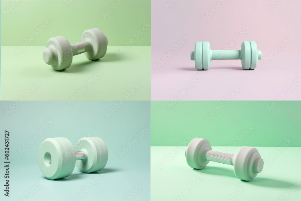 The concept of fitness and healthy sports. Pastel color dumbbell on pastel background.set or banner Generative AI The concept of fitness and healthy sports. Pastel color dumbbell on pastel background.set or banner Generative AI