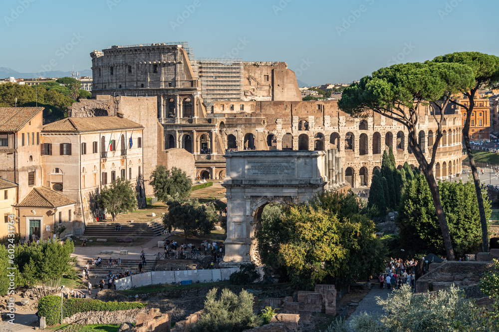 Panoramic view of Roman Forum and the Colosseum, Rome, Italy