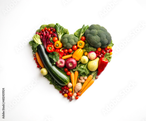 various vegetables are arranged in the shape of a heart, isolated on a white background. Proper nutrition and healthy organic food concept. Generative AI