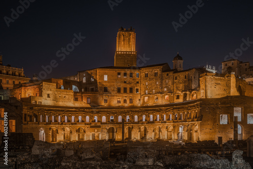 Night view of Trajan's Market (Mercati di Traiano), a large complex of ruins at the Roman Forum, Rome, Italy