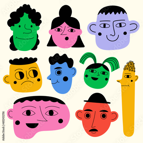 Vector illustration set of man, woman portraits, diverse people. Hand drawn cute funny character collection. Trendy modern colored abstract style art. Cartoon sticker pack, avatar, icon, poster, logo