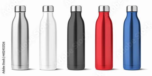 Vector Realistic 3d White, Silver, Black, Red, Blue Empty Glossy Metal Reusable Water Bottle with Silver Bung Set Closeup Isolated. Design template of Packaging Mockup. Front View