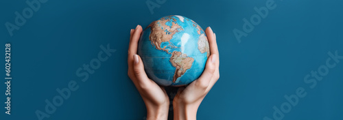World Environment Day. Earth globe in woman's hands on a blue background, top view. Saving the planet. AI Generative. Wide banner with copy space.