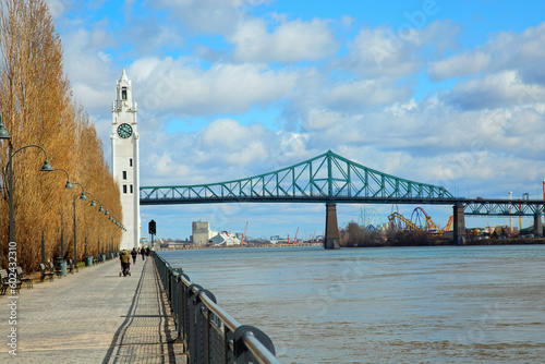 Jacques Cartier bridge and tower clock in Montreal in Canada photo