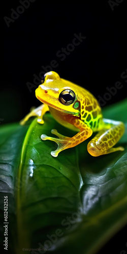 Small tree frog on top of a green leaf and blurred natural background with selective focus