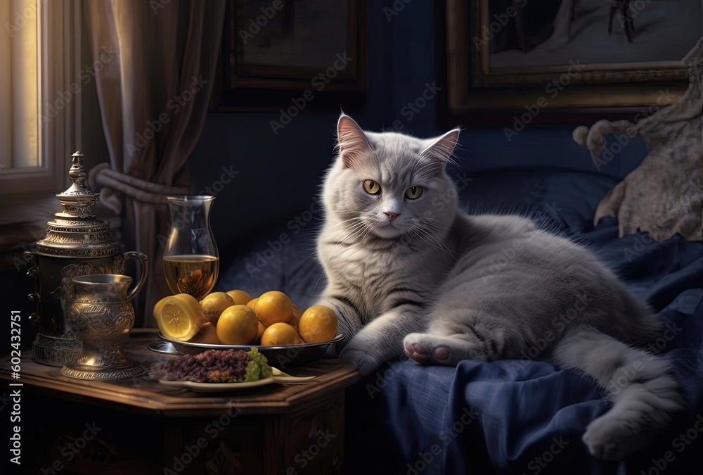 the cat sitting on the bed with a drink, generative ai