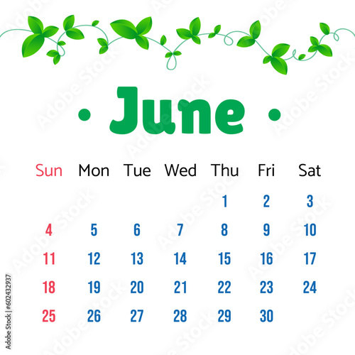 June 2023 Calendar Leaf. Calendar 2023 in flat style with green leaves. Vector illustration.