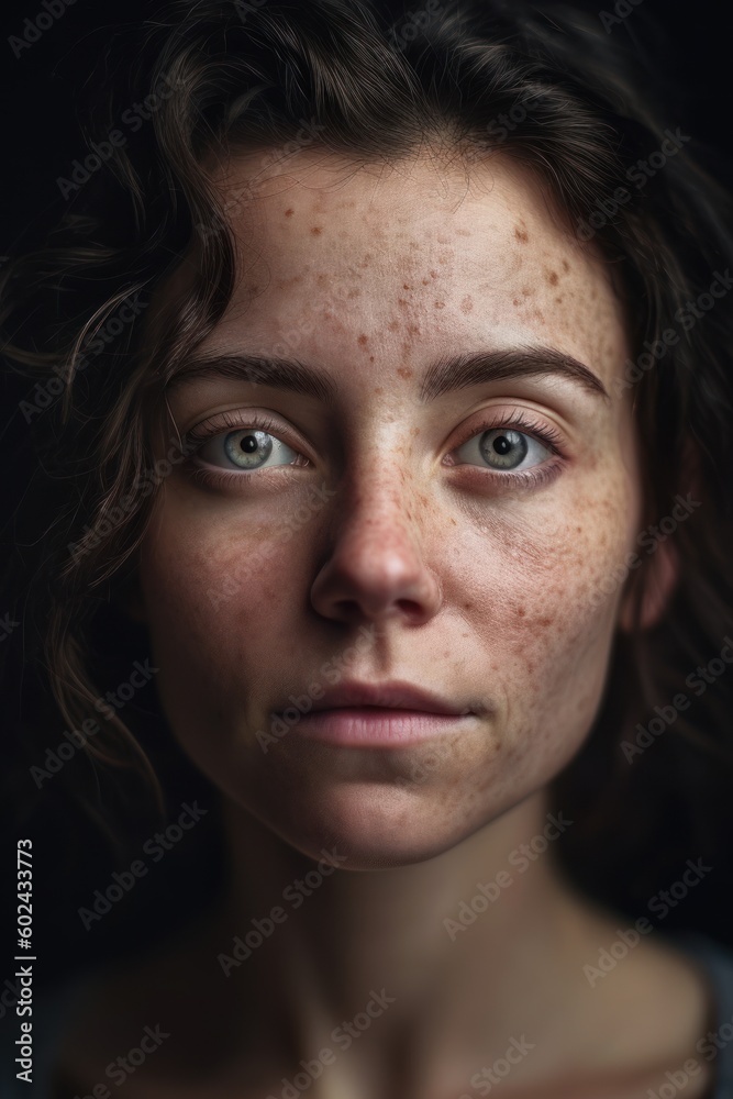 A natural-faced woman with freckles and a few pimples created with Generative AI technology A natural-faced woman with freckles and a few pimples created with Generative AI technology