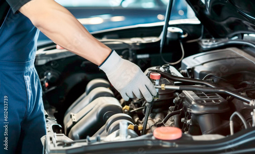 Generative Ai. a man in blue overalls and gloves working on a car engine