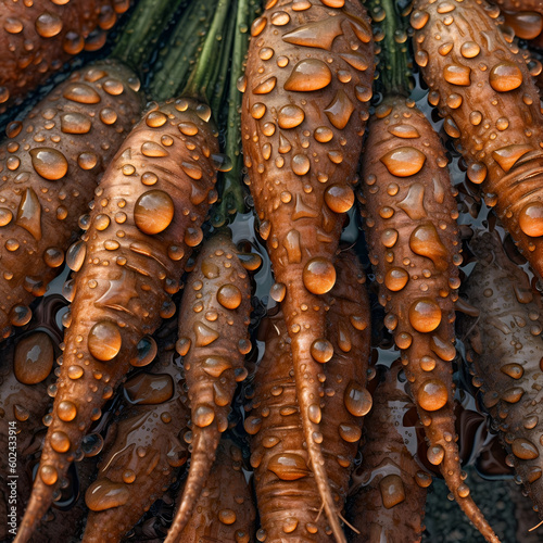 Macro photography of carrots covered on a dark background, with large drops of waterGenerative AI photo