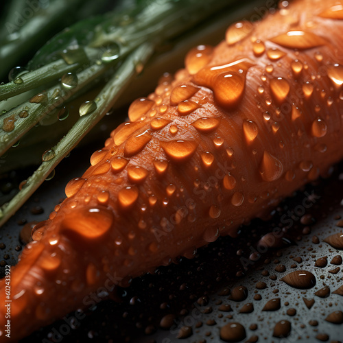 Macro photography of carrots covered on a dark background, with large drops of waterGenerative AI