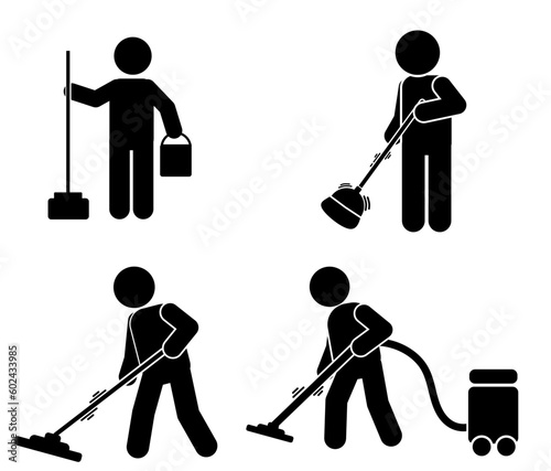 Cleaner Man with Cleaning Tools and Equipments Stick Figure Pictogram . cleaning illustration