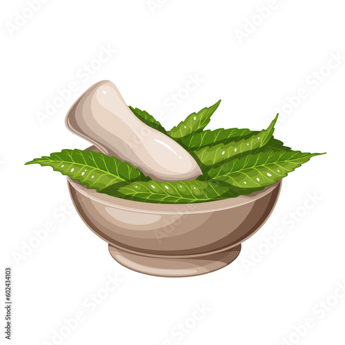 Mortar and pestle with neem green leaves vector illustration. Cartoon isolated ayurvedic herbal medical remedy for phytotherapy and naturopathy, traditional organic neem plant of Ayurveda medicine