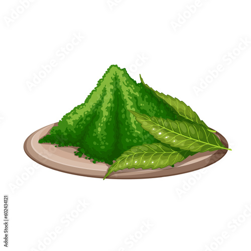 Neem green leaves and pile of powder on wooden board vector illustration. Cartoon isolated round tray with Indian nimtree leaf and heap of traditional herbal neem remedy in Ayurveda medicine