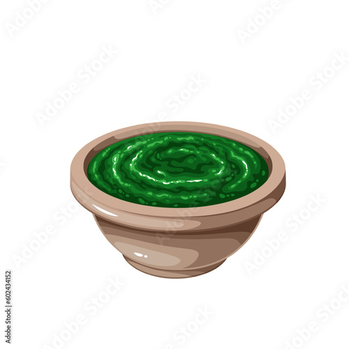 Neem paste in bowl vector illustration. Cartoon isolated cup with green nimtree remedy of Ayurveda medicine, homemade neem ayurvedic medication healing skin and immune system, alternative oral hygiene