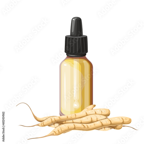 Shatavari oil in bottle and pile of tubers vector illustration. Cartoon isolated remedy of Ayurveda medicine, dry roots of plant for treatment menstrual and breastfeeding disorder, menopause problem
