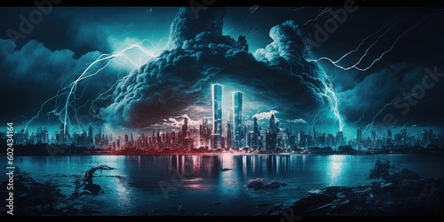 Destructive and powerful thunder storm strike metropolis city with thunderbolt. superlative generative AI image.