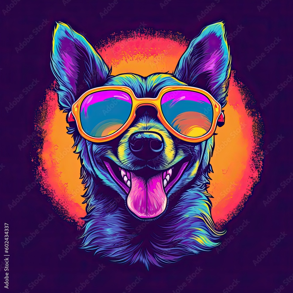 Happy dog with glasses on a bright background. Graffiti style, t-shirt print design. Acid colorful creative elements. Generative AI