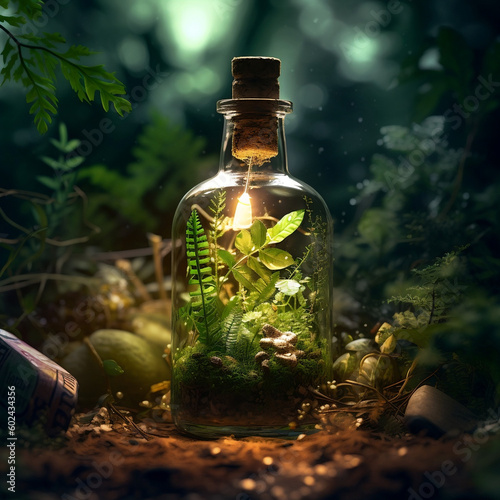 Flasche mit Pflanzen im Wald, Generativ KI
