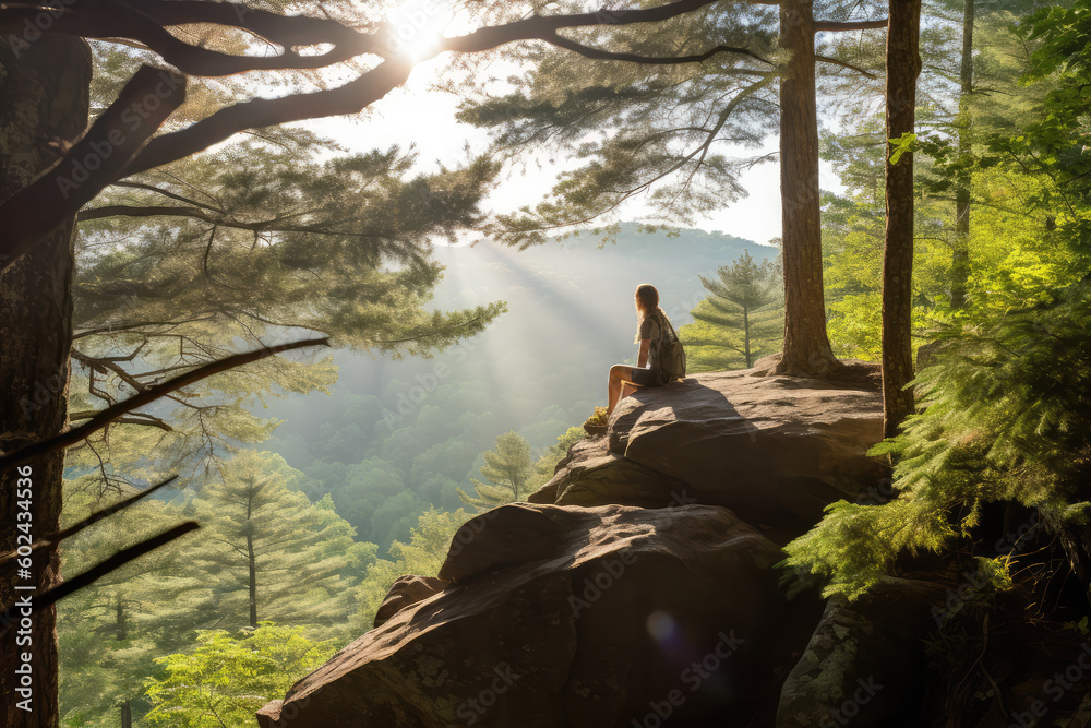 person sitting on a rock in the mountains generative ai person sitting on a rock in the mountains generative ai