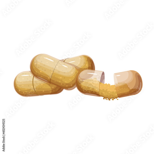 Bacopa powder in medical capsules vector illustration. Cartoon isolated pile of pills natural brahmi ingredient and ayurvedic herbal product, closed and open tablets with spilled bacopa dry powder