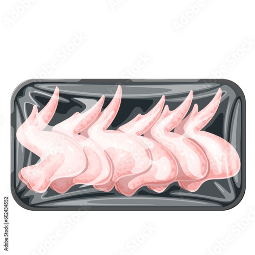 Chicken wings in plastic tray vector illustration. Cartoon isolated black polystyrene food package box with raw chicks meat, top view of chilled or frozen butchers and supermarket chicken product