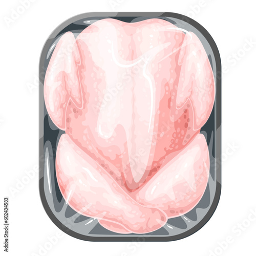 Chicken carcass with wings and legs in plastic tray vector illustration. Cartoon isolated raw meat of whole chicken with skin on plate and polyethylene cover, fresh, frozen or chilled bird in package