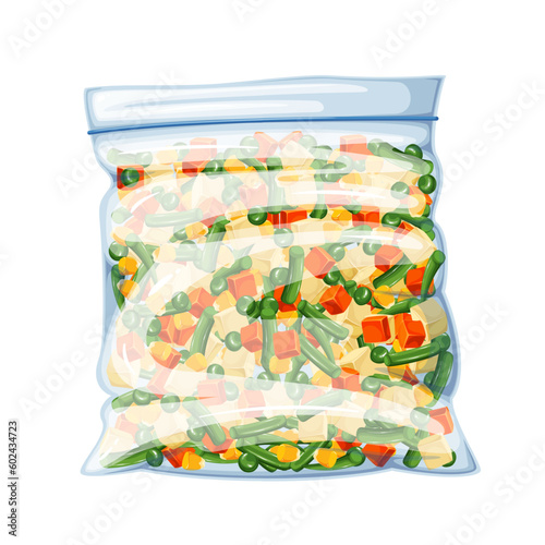 Frozen vegetable mix in plastic bag vector illustration. Cartoon isolated mixed green peas, beans and carrots cut into pieces, corn in transparent polyethylene package, chopped food ingredients