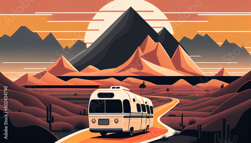 Retro van driving along the ocean, in bold colors and strong lines by Generative AI