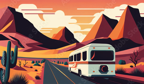 Retro van driving along the ocean, in bold colors and strong lines by Generative AI © sonatik