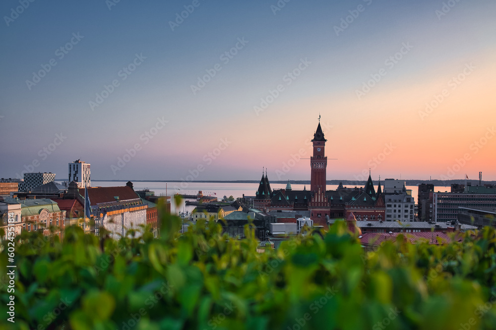 Cityscape with town hall in central Helsingborg, Sweden. Selective focus.