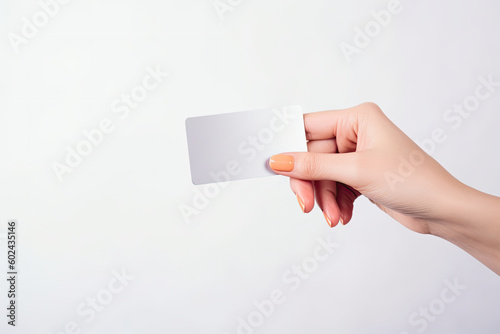 Female hand holding bank credit card on a white background, generative ai