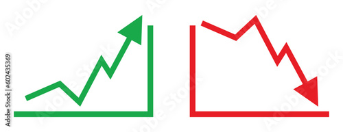 Graph going Up and Down sign with green and red arrows vector. Flat design vector illustration concept of sales bar chart symbol icon with arrow moving down and sales bar chart with arrow moving up.