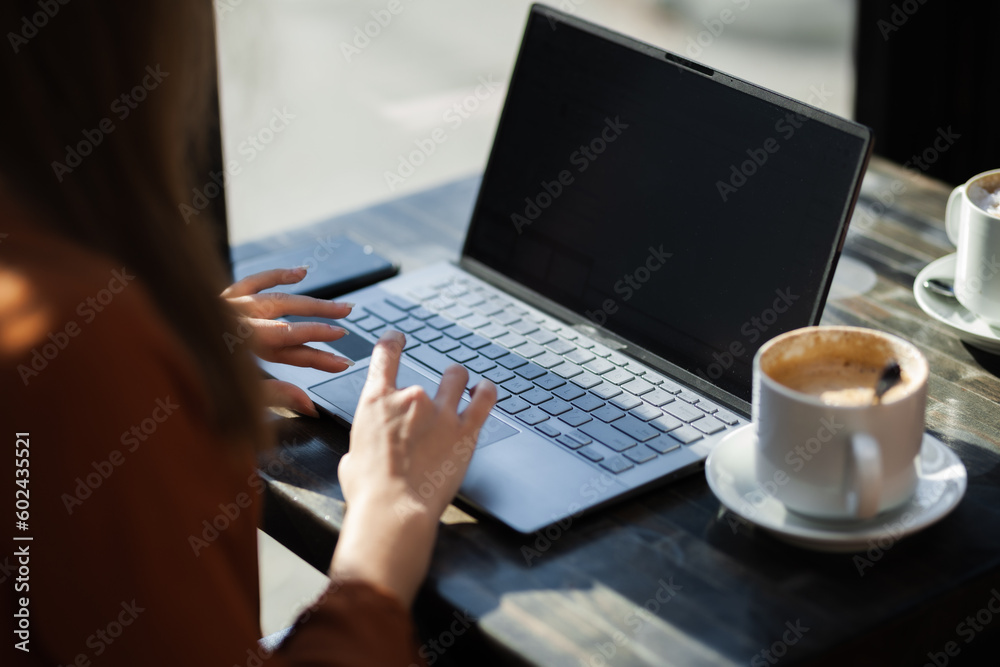 Young businesswoman in a cafe bar or restaurant. Freelancer girl working on laptop and having tea at a window table. Young businesswoman in a cafe bar or restaurant. Freelancer girl working on laptop and having tea at a window table.