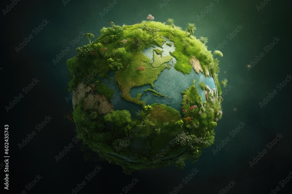 A green planet with a landscape of trees and mountains in the background Generative AI A green planet with a landscape of trees and mountains in the background Generative AI