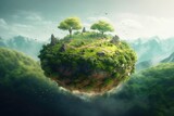 A green planet with a landscape of trees and mountains in the background Generative AI
