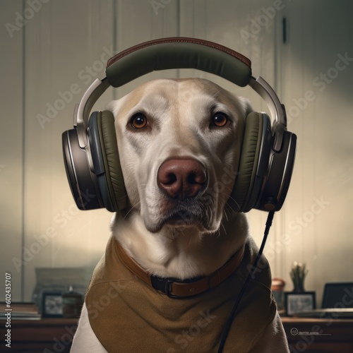A dog wearing headphones and a brown sweater with a black collar Generative AI