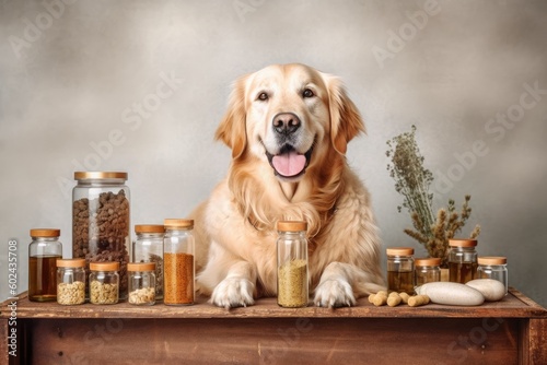 A dog sits behind a table with various food items including nuts and dried fruits Generative AI