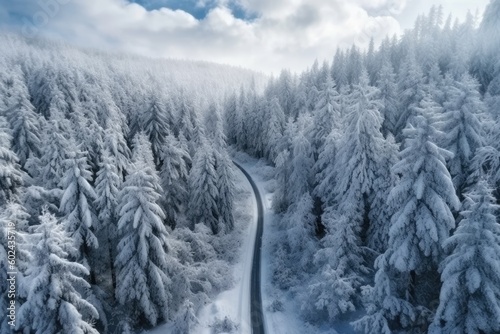Forest in snow. Snowy forest road. Forest road from above Generative AI