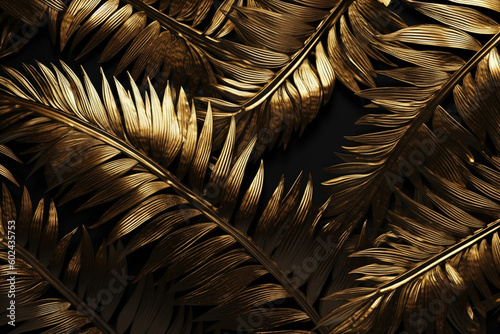 Seamless golden palm leaf repeat pattern. Vintage gold plated foliage relief sculpture on dark black background. Modern elegant metallic luxury backdrop. wallpaper 3D rendering
created using AI