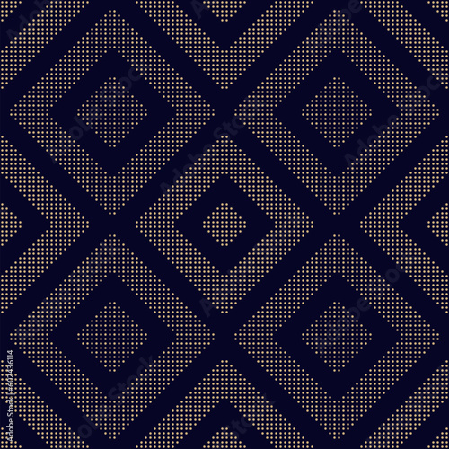 Black and gold vector geometric seamless pattern with lines, stripes, squares made for small dots. Luxury abstract graphic texture. Simple minimal dotted background. Modern dark repeat geo design