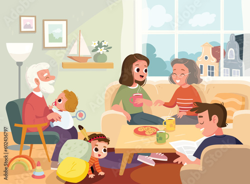 Family sitting in a living room, talking and laughing. Children play at home with parents and grandparents. Cozy interior. Living room with furniture and decorative elements.