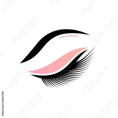 A closed female eye with well-groomed eyebrows and long eyelashes. Beauty shop logo.