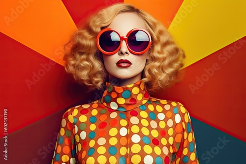A beautiful woman in shades on a colorful background. Generative ai