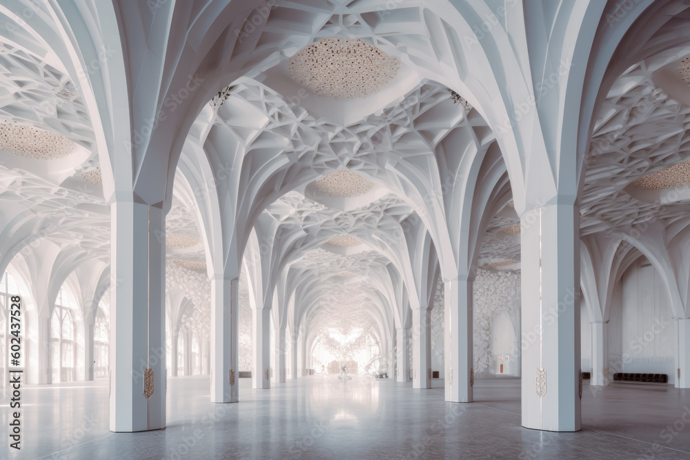 Islamic architecture interior, white, mosque, palace. Generative AI