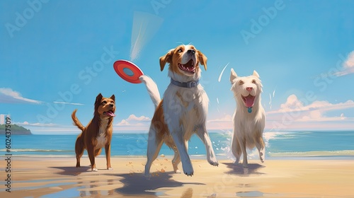 A group of energetic dogs playing fetch with a frisbee on a sunny day at the beach. Generative ai