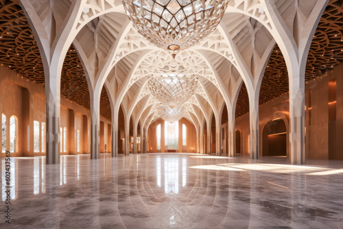 Islamic architecture interior  tessellation  pillars  columns  mosque  palace. Generative AI