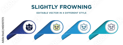 slightly frowning emoji icon in 4 different styles such as filled, color, glyph, colorful, lineal color. set of   vector for web, mobile, ui