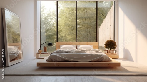 A minimalist bedroom with a platform bed, soft linens, and a large window. Generative ai