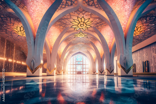 Islamic architecture interior, pillars, columns, mosque, palace. Generative AI © Sunshower Shots